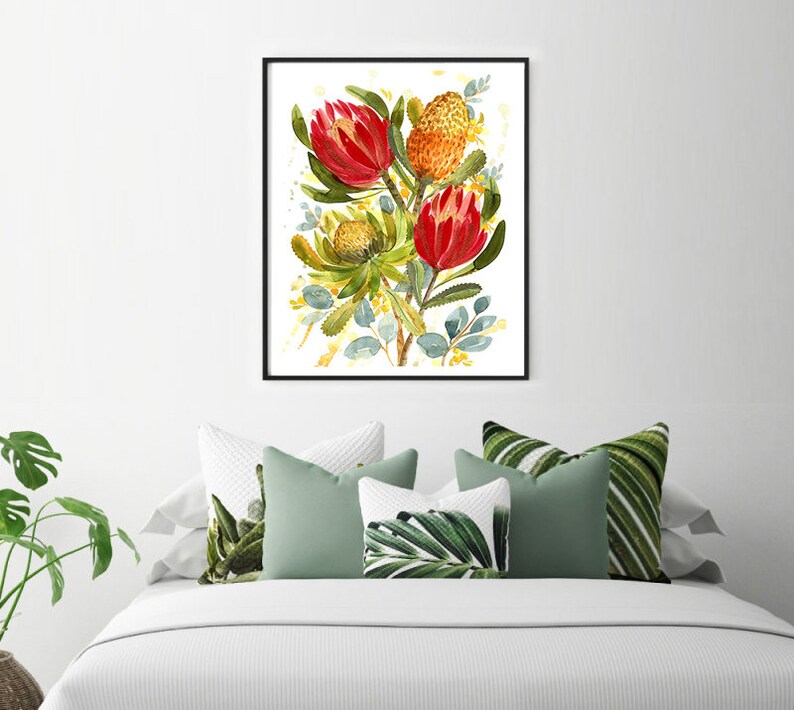 May include: A watercolor painting of a bouquet of red and yellow protea flowers with green leaves on a white background.