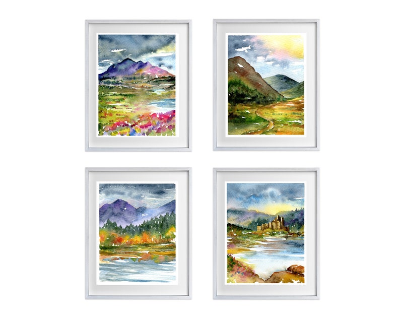 Scottish Landscape Watercolour Prints set of 4. Scotland painting Art poster, colourful mountain lakes picture, clouds outdoors wall art image 1