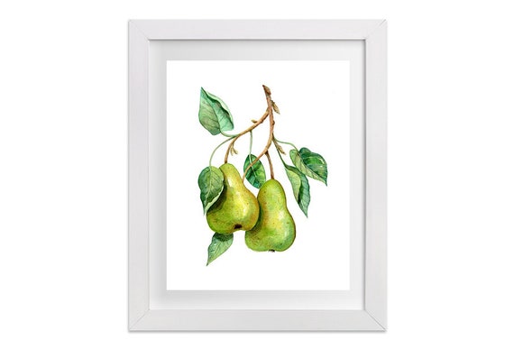 grüne modernes Kunstdruck, Kunstwerk, Wandkunst, Poster Birnen Aquarell Obst Gemälde, Birnen botanische Küche