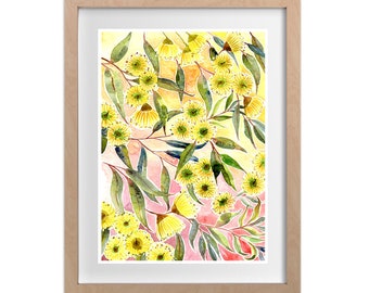 Yellow Gum Blossom Art Print, Australian Native Flowers, Australiana leaves Watercolor, Aussie Home Wall Decor, Modern Australia Painting