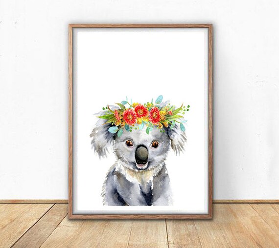 Koala Art Print, Australian Native Animal girl boy nursery decor, floral headdress, children's wall art, flower crown wreath, Aussie Red Gum