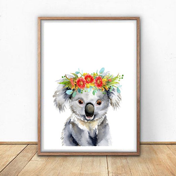 Koala Art Print, Australian Native Animal girl boy nursery decor, coiffe florale, art mural pour enfants, couronne de fleurs, Aussie Red Gum