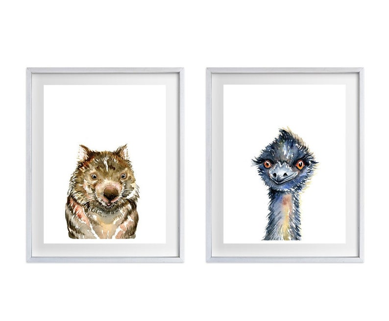 May include: Two framed watercolor paintings of Australian animals. The left frame features a brown and white wombat. The right frame features a blue and gray emu.