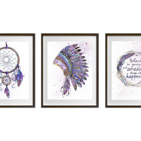 Tribal Zentangle Set (3) Impressions d'art aquarelle- dreamcatcher, peinture de coiffe, citation inspirante dans le choix de couronne de 2. Gravures de pépinière