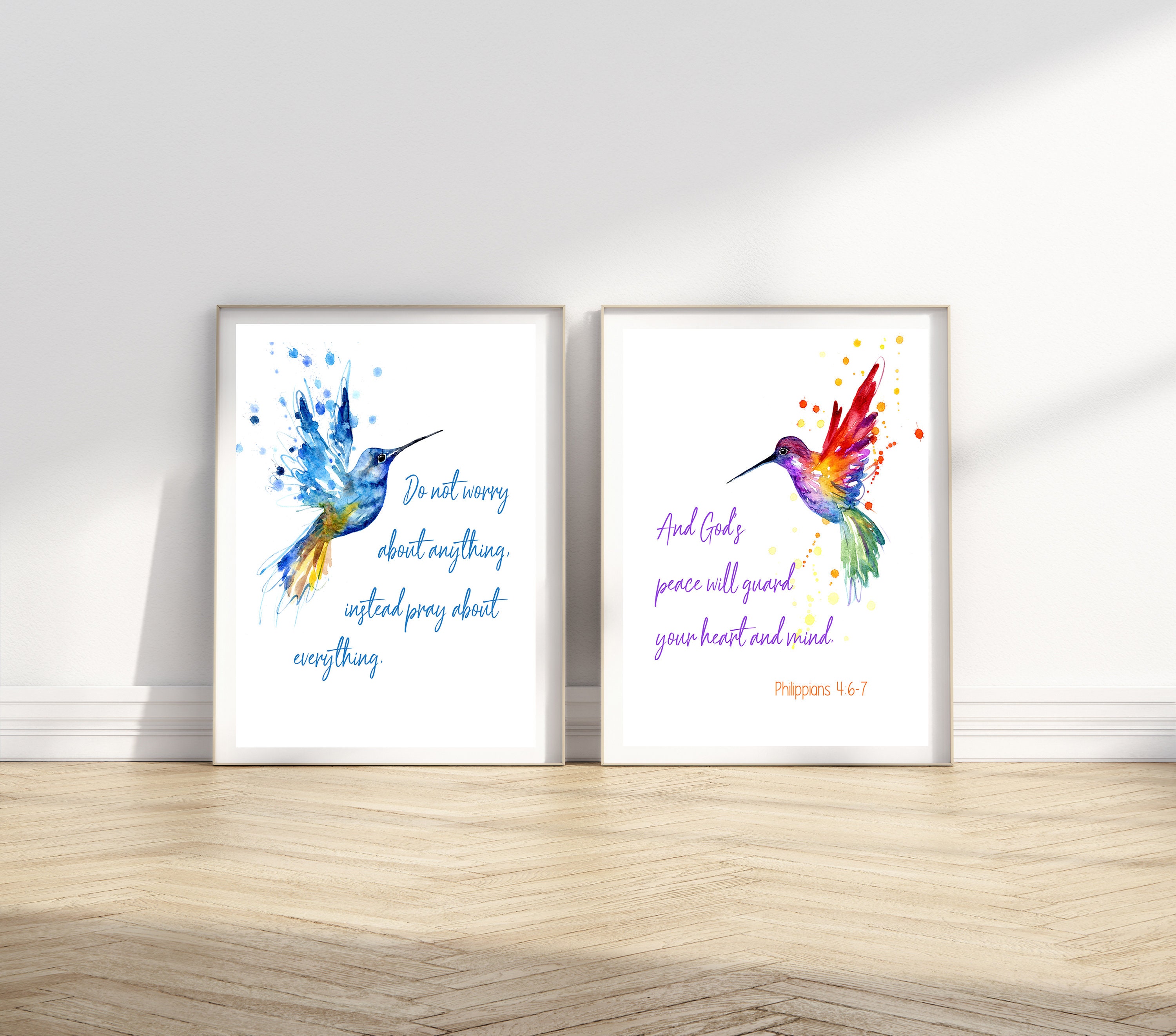 God's Peace Bible Quote Art Print Pair, Philippians 4:6, Hummingbirds ...
