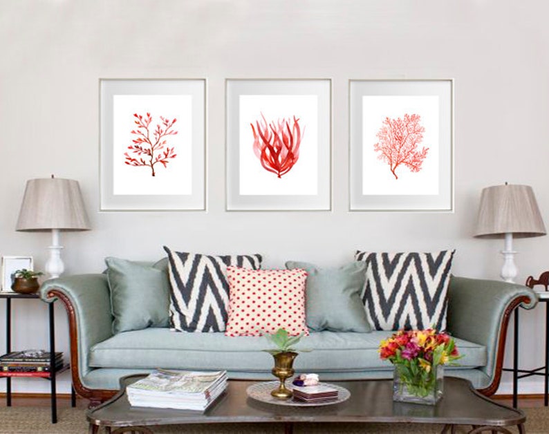 K&ouml;nnte beinhalten: Drei gerahmte Aquarelldrucke von roter Koralle und Seetang h&auml;ngen &uuml;ber einem hellblauen Sofa mit dekorativen Kissen. Die Kunstwerke zeigen botanische Illustrationen in Rott&ouml;nen auf wei&szlig;em Hintergrund und schaffen ein K&uuml;stenmotiv.
