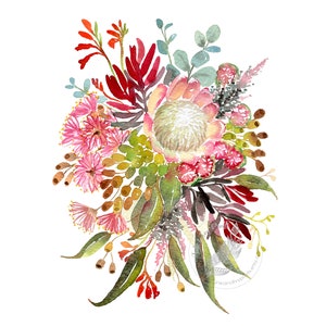 Australian Flowers Art Print, Native Aussie Flora wall decor, protea banksia gumleaves, Modern Watercolor Office Decor Floral Nature artwork