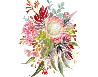 以下が含まれることがあります： ピンク、赤、緑の花のブーケの水彩画。ブーケにはプロテア、ユーカリ、その他のオーストラリア原産の植物が含まれています。