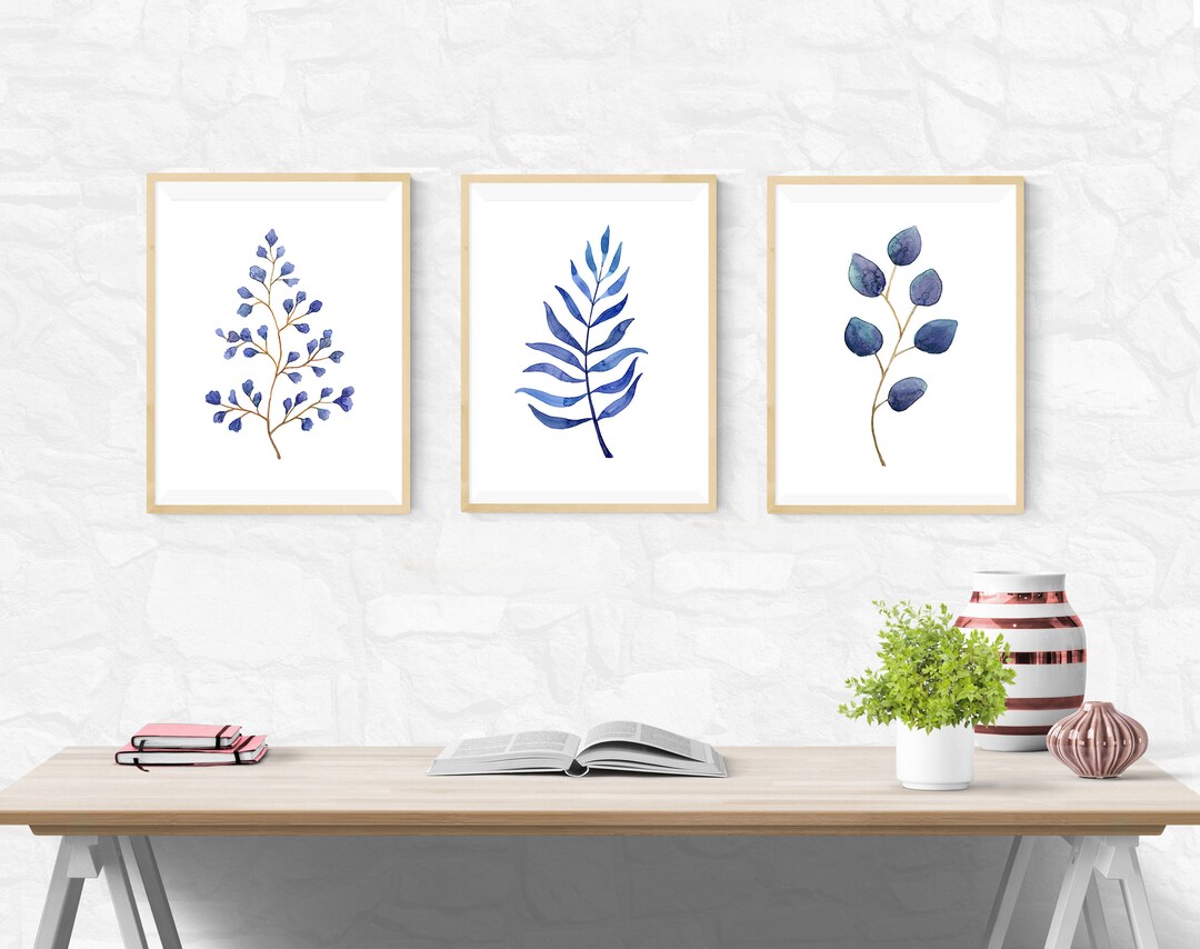 Blue Leaf Watercolour Art Prints / Set of 3 / Natural Leaves Home Decor ...