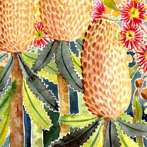 Puede incluir: Una pintura de acuarela de un grupo de flores de Banksia marrones y amarillas con flores rojas y amarillas en el fondo. Las flores est&aacute;n rodeadas de hojas verdes.