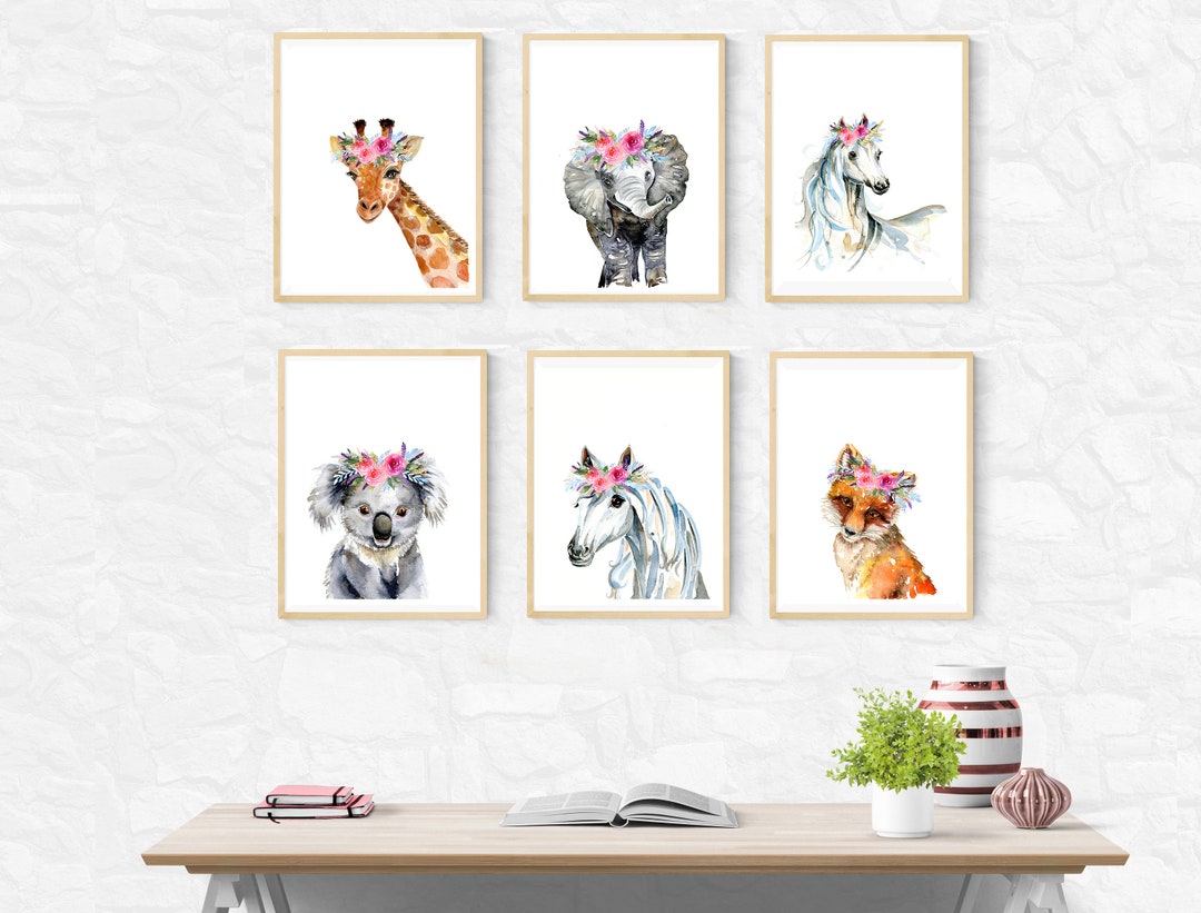 Flower Crown Animals Art Prints, Set of 6, Safari Nursery Wall Art ...