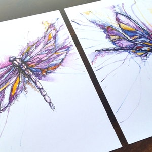 Dragonfly Pair Sketch Watercolour Print, home decor, wall art, modern art, purple, office print, dragonflies