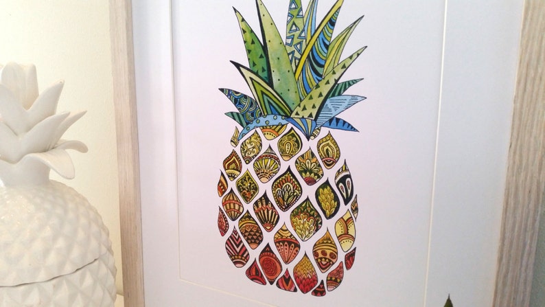 Zentangle Pineapple Watercolour Print, home decor, modern wall art, pineapple art print, funky fresh, office print image 3