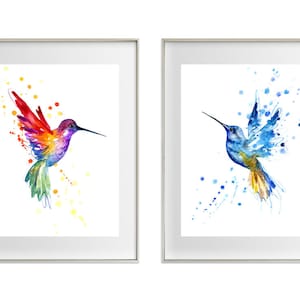 Hummingbird Pair, art prints, bird wall art office print, Watercolour painting, art poster, rainbow blue hummingbirds, pair of birds, nature image 1