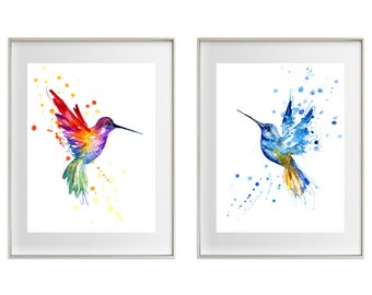 Hummingbird Pair, art prints, bird wall art office print, Watercolour painting, art poster, rainbow blue hummingbirds, pair of birds, nature