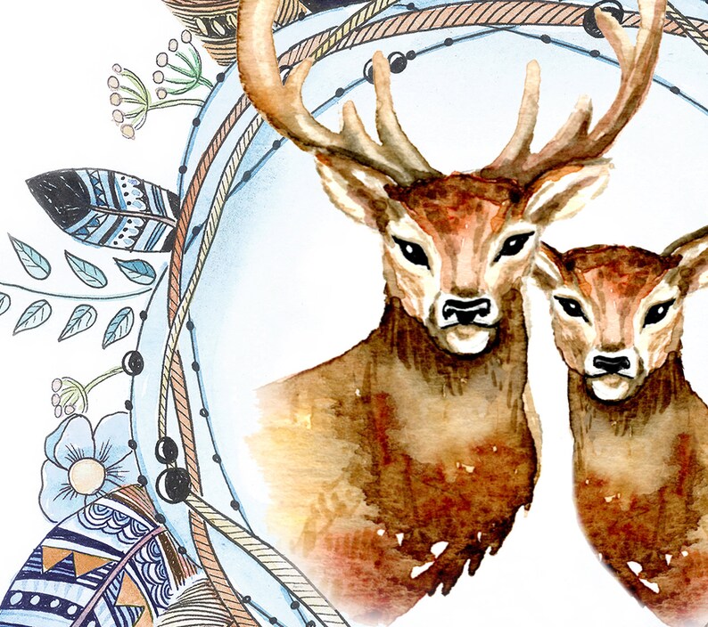 Boho Deer Wreath Art Print Woodland Forest Nursery Decor Etsy