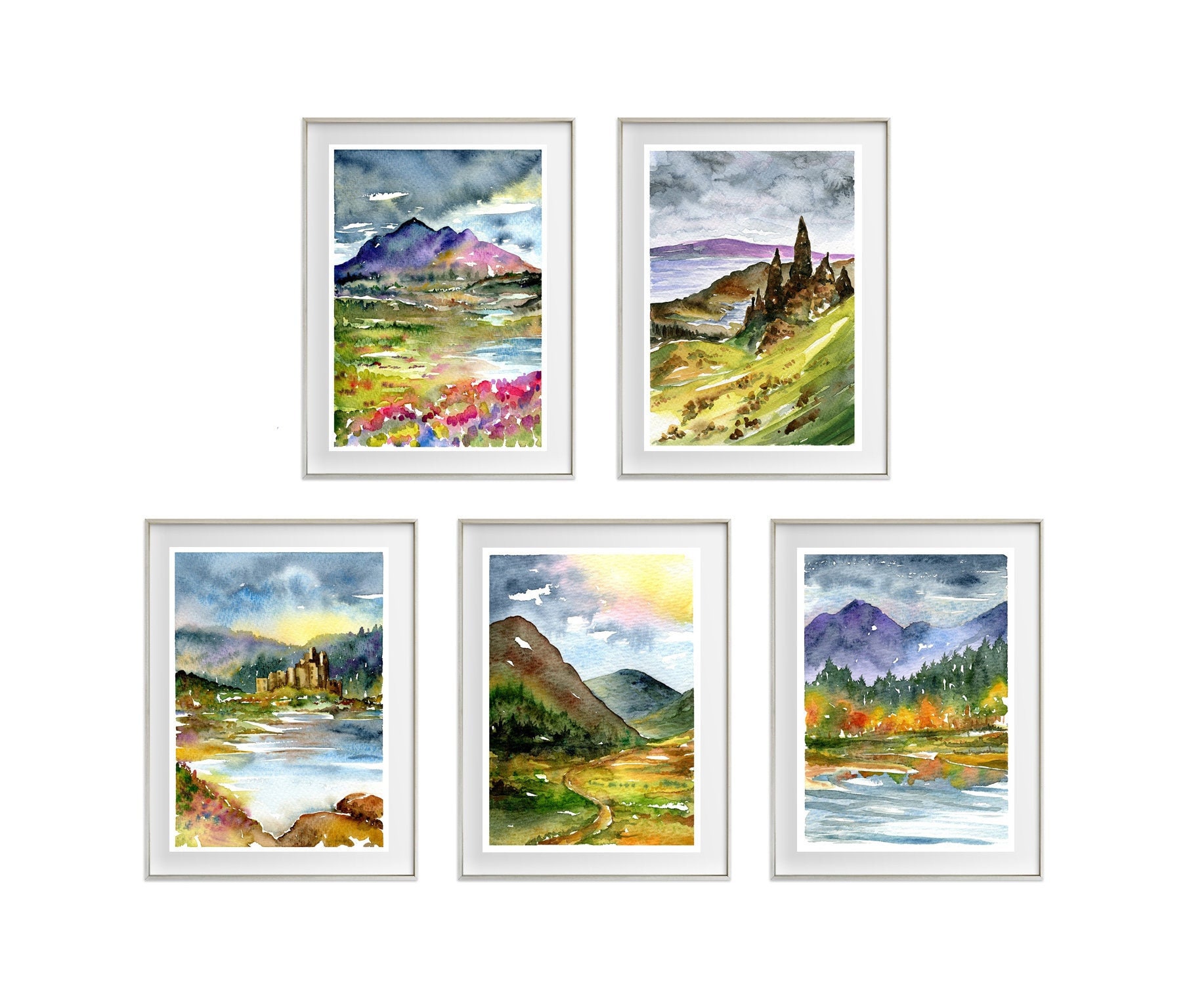 Scottish Landscape Prints - set of 5. Scotland painting, watercolor Art, castle Old Man of Stor, Isle of Skye, lakes mountains highlands art