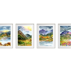 Scottish Landscape Watercolour Prints set of 4. Scotland painting Art poster, colourful mountain lakes picture, clouds outdoors wall art image 3