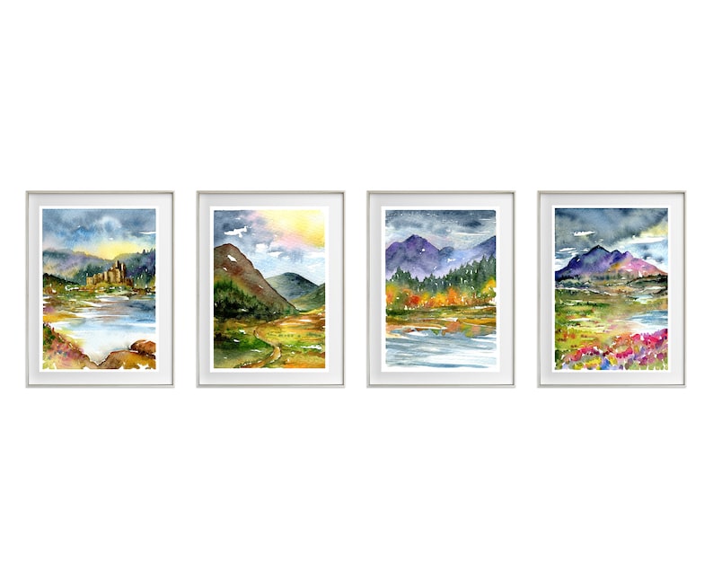 Scottish Landscape Watercolour Prints set of 4. Scotland painting Art poster, colourful mountain lakes picture, clouds outdoors wall art image 3