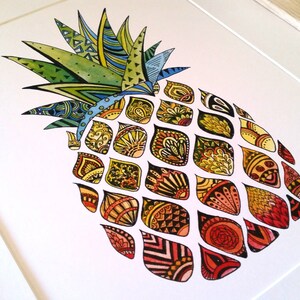 Zentangle Pineapple Watercolour Print, home decor, modern wall art, pineapple art print, funky fresh, office print