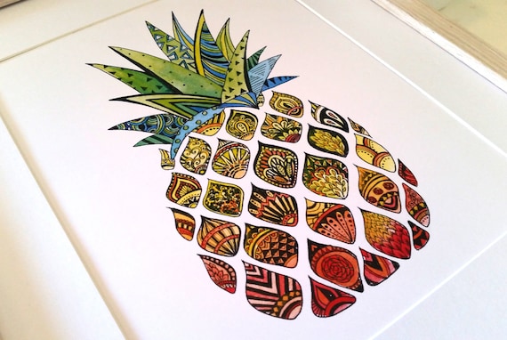 ゼンタングル パイナップル 水彩画 プリント、ホーム デコレーション