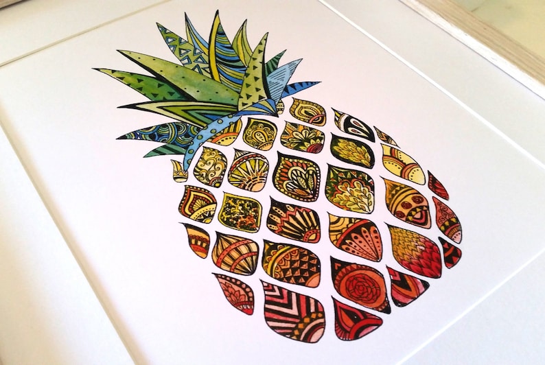 Zentangle Pineapple Watercolour Print, home decor, modern wall art, pineapple art print, funky fresh, office print image 1