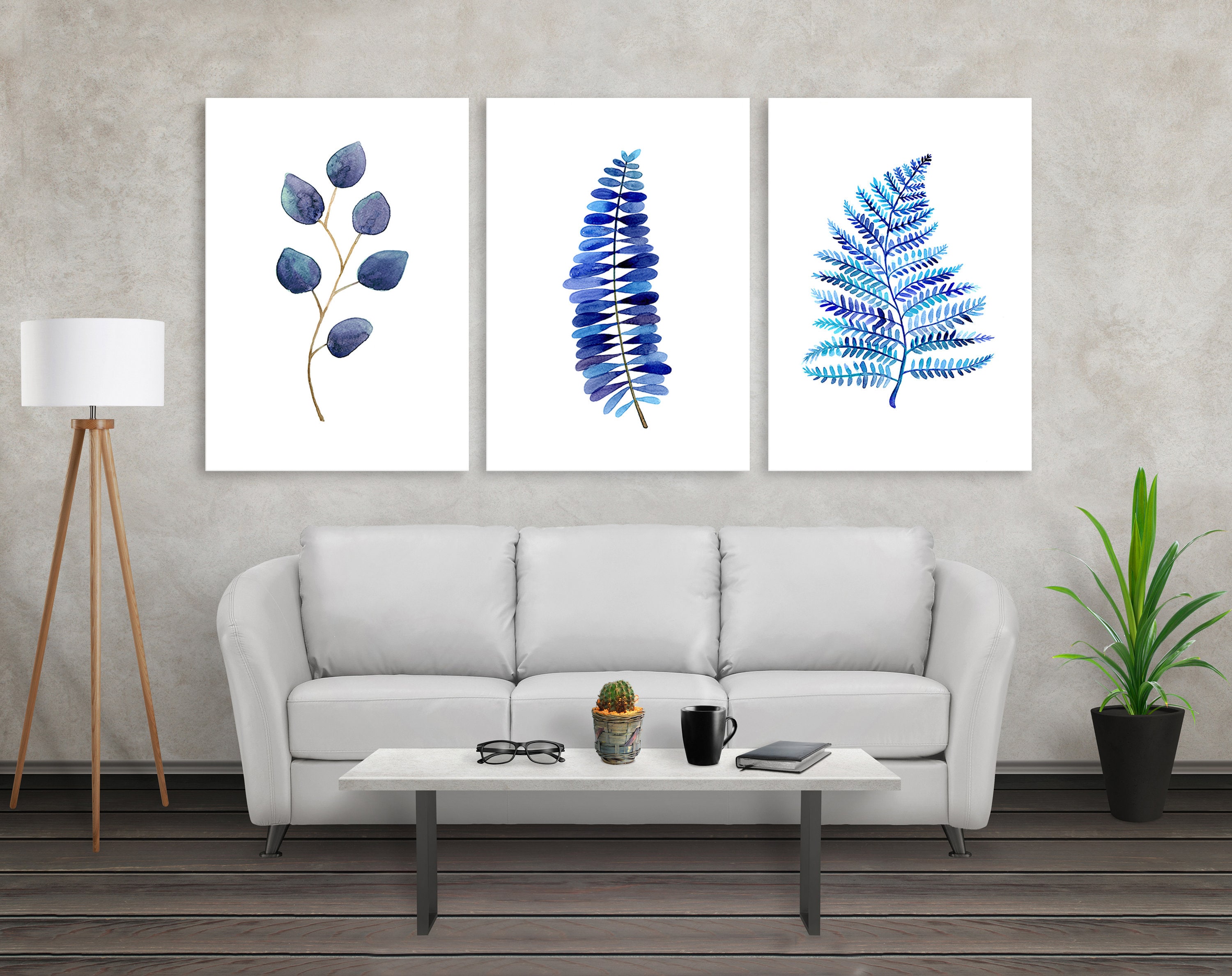 Blue Leaf Watercolour Art Prints / Set of 3 / Natural Leaves Home Decor ...