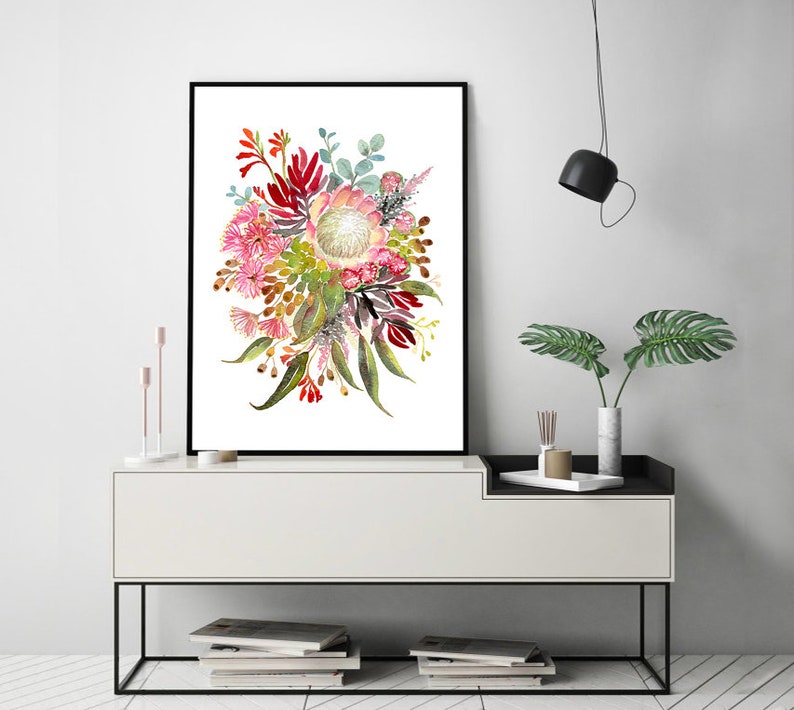 Australian Flowers Art Print, Native Aussie Flora wall decor, protea banksia gumleaves, Modern Watercolor Office Decor Floral Nature artwork image 8