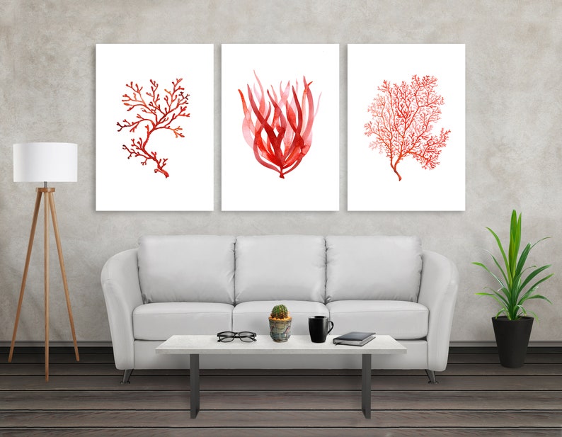 K&ouml;nnte beinhalten: Drei gerahmte Kunstdrucke mit Aquarellillustrationen von roter Koralle und Seetang vor wei&szlig;em Hintergrund. Die Kunstwerke sind &uuml;ber einem wei&szlig;en Sofa und einem modernen Couchtisch ausgestellt und schaffen ein maritimes Thema.