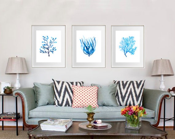 Coral Watercolour Art Prints / Set of 3 / Nautical Home Decor Artwork/ Hampton's Style Wall Art / Handpainted Blue Minimalist Sea Coral Art