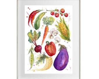 野菜のアートプリント、キッチンの壁アート、水彩画の野菜のポスター