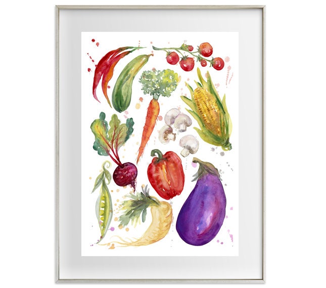 野菜のアートプリント、キッチンの壁アート、水彩画の野菜のポスター