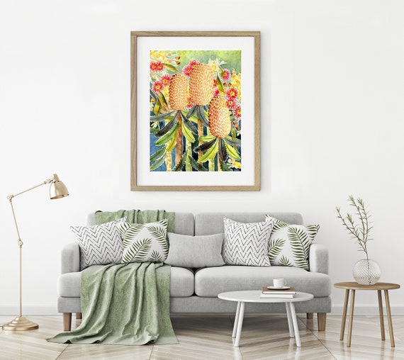 Banksias Modern Australian Native Art Print, Blue Green Aussie Flowers Painting, Watercolor Decor Wall Art, Banksia Australian Flora, Nature