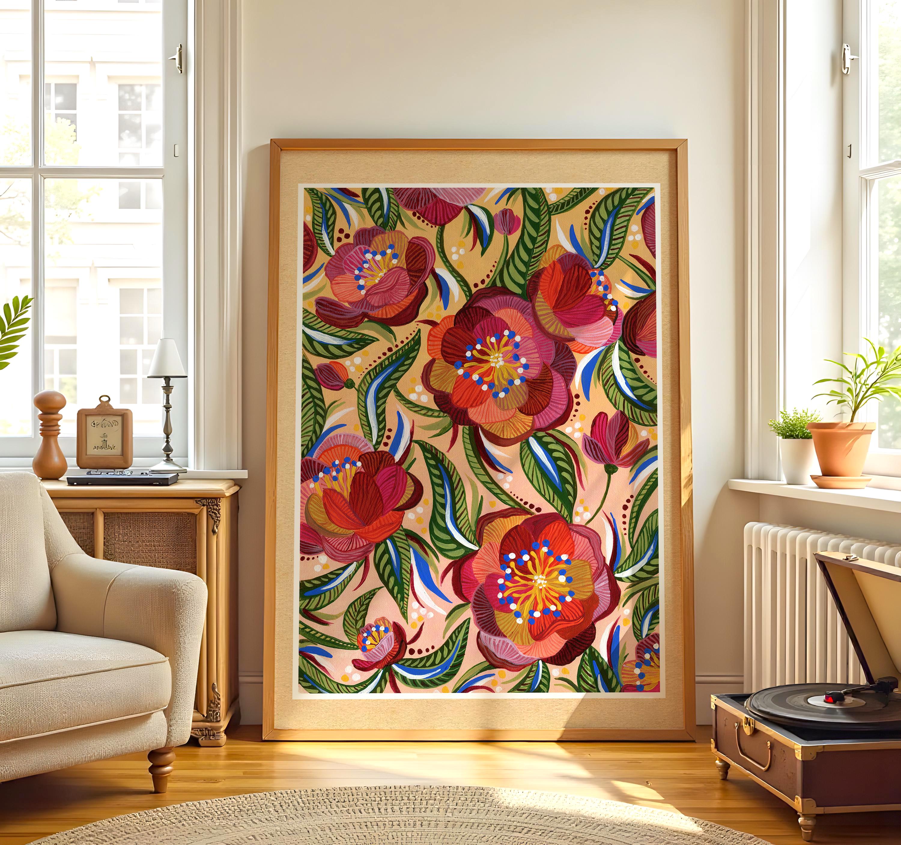 Floral Art Print, Bright Flowers, Folk Art Wall Art, Blush Pink