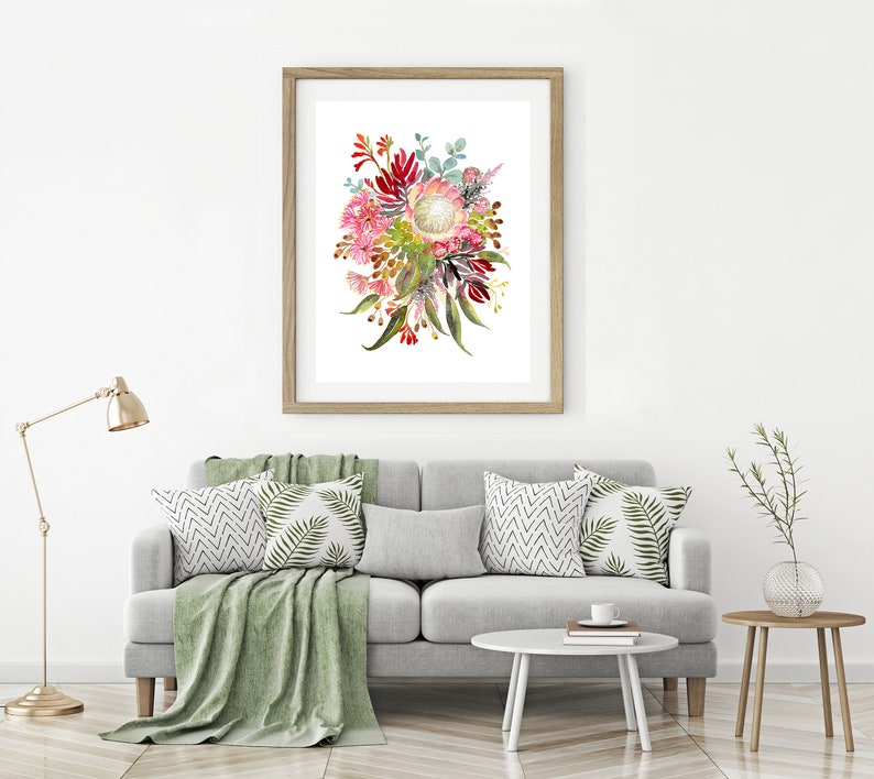 Australian Flowers Art Print, Native Aussie Flora wall decor, protea banksia gumleaves, Modern Watercolor Office Decor Floral Nature artwork image 7