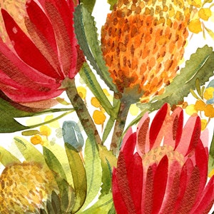 May include: Watercolor painting of red and orange flowers with green leaves. The flowers are in bloom and have a delicate, textured appearance.