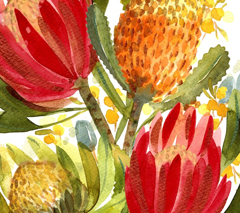 May include: Watercolor painting of red and orange flowers with green leaves. The flowers are in bloom and have a delicate, textured appearance.