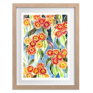 Red Gum Blossom Art Print, Australian Native Flowers, Australiana leaves Watercolor Wall Art, Aussie Home Decor, Modern Australia Painting