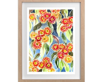 Red Gum Blossom Art Print, Australian Native Flowers, Australiana leaves Watercolor Wall Art, Aussie Home Decor, Modern Australia Painting
