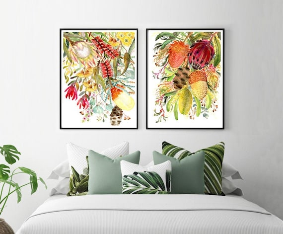 Australian Native Flower Art Prints, Aussie flora wall art Set of 2, Banksia protea bottlebrush Australiana home decor, Modern office art