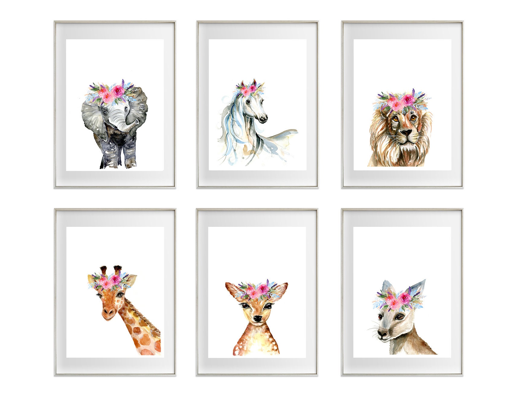 Flower Crown Animals Art Prints, Set of 6, Safari Nursery Wall Art ...