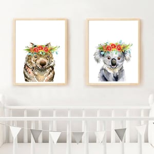Australian Animal Art Prints, Set of 2, Flower Crowns, Wombat Emu Kangaroo Koala Platypus Echidna Nursery wall art, Aussie bedroom decor