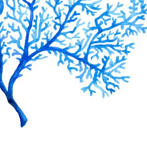 Puede incluir: Pintura a la acuarela de una rama de coral azul sobre un fondo blanco. El coral es de un azul vibrante con intrincados patrones de ramificaci&oacute;n, creando una representaci&oacute;n art&iacute;stica detallada de la vida marina.