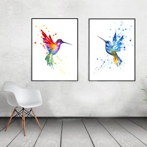 Hummingbird Pair, art prints, bird wall art office print, Watercolour painting, art poster, rainbow blue hummingbirds, pair of birds, nature image 5