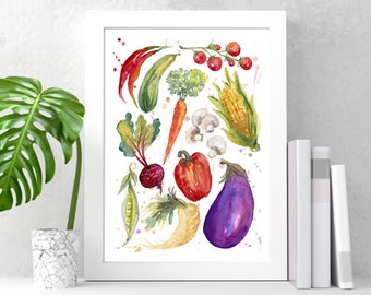 野菜のアートプリント、キッチンの壁アート、水彩画の野菜の