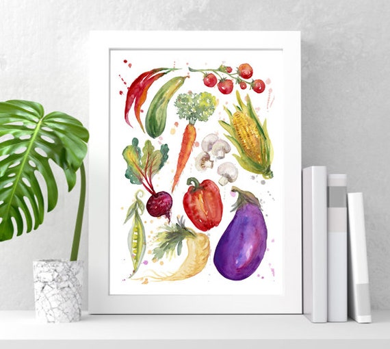 野菜のアートプリント、キッチンの壁アート、水彩画の野菜のポスター