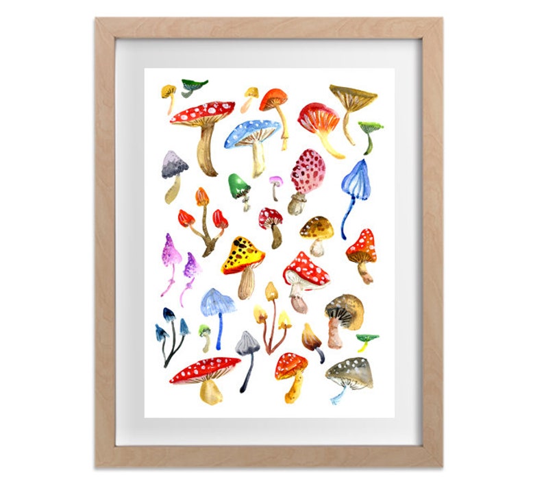 Toadstools & Mushrooms Art Print, Colourful Watercolor Wall Art, Home Decor, Fungus Woodland Painting, Forest Nature Woods Natural Artwork Portrait