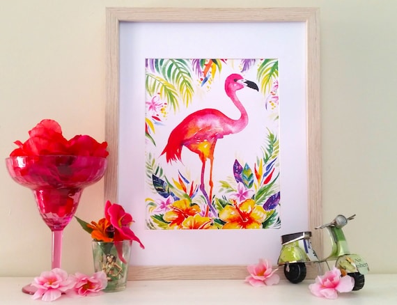 Flamingo Watercolour Art Print Home Decor Wall Artwork Teenage Girl Bedroom Decor Summer Party Hawaii Tropical Bright Pink Painting