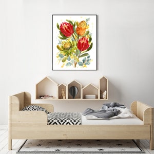 May include: A watercolor painting of a bouquet of red and yellow flowers with green leaves. The flowers are in a vase on a white background.