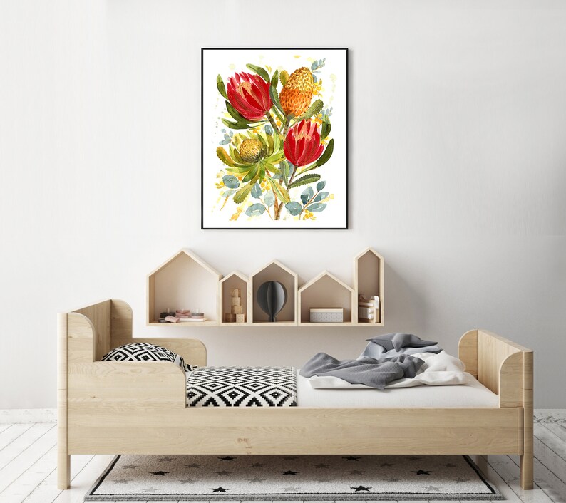 May include: A watercolor painting of a bouquet of red and yellow flowers with green leaves. The flowers are in a vase on a white background.